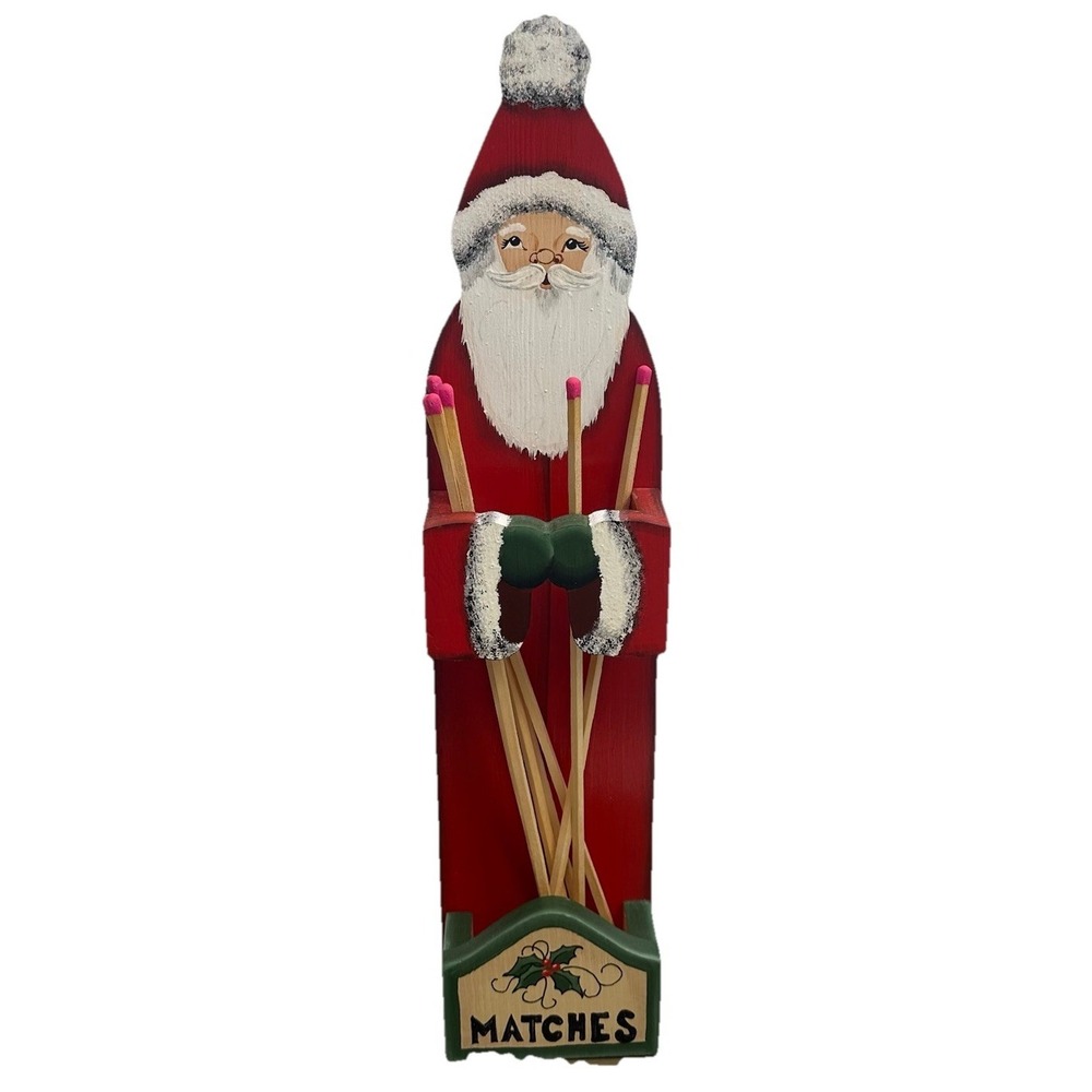 Vintage hand painted wood Old World Santa Claus long match stick holder 17"